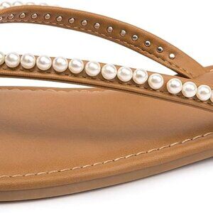 Women's Pearls Flat Sandals Slip On Thong Summer Dressy Non-Slip Brown 8